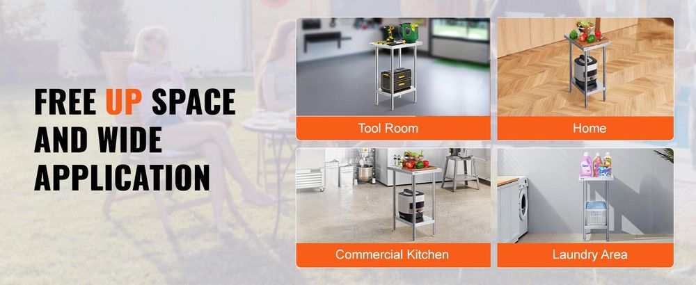 VEVOR Edelstahl Vorbereitungs Tisch, 24 x 24 x 34 Zoll, Schwerlast Metall Arbeitstisch mit 3 verstellbaren Höhenstufen, Gewerbliche Arbeitsstation für Küche Garage Restaurant Garten, 610x457x864 mm
