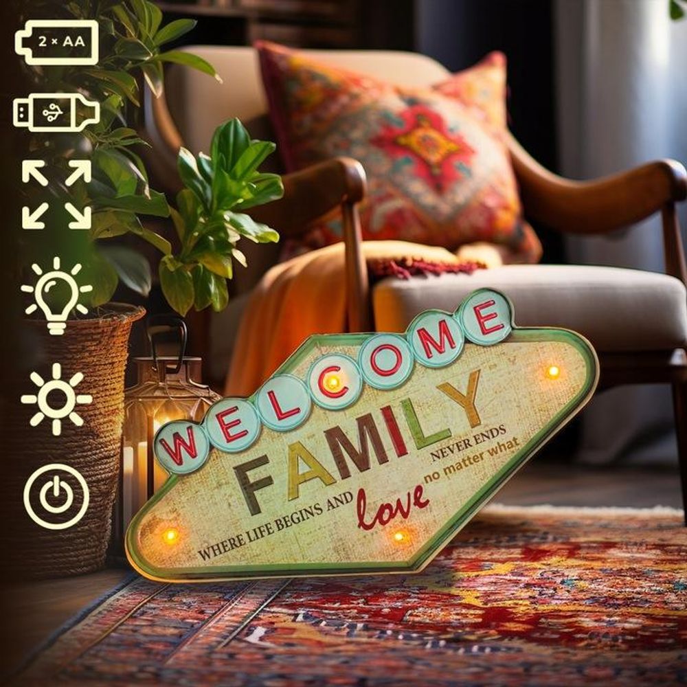 Metallschild RETRO LED Welcome Family Schild groß Leuchtschild, Dekoration für das Zuhause: Familien-Schriftzug an der Wand für das Wohnzimmer, Willkommensschild am Eingang zur Küche, Zimmer.