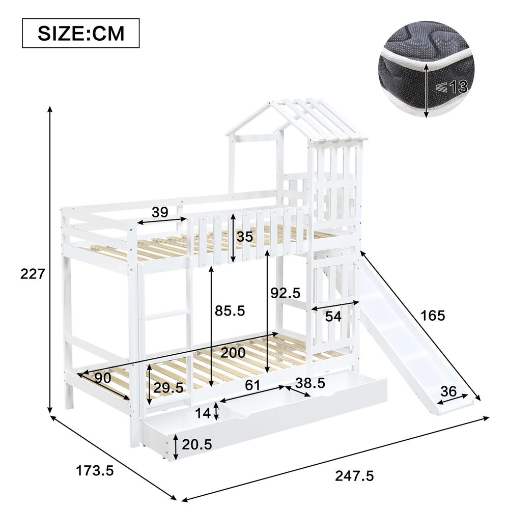 Flieks Kinderbett Hausbett 90x200cm mit Rutsche, Etagenbett mit Schubladen und Lattenrost, Kinder Hochbett mit Leiter und Rausfallschutz, Weiß