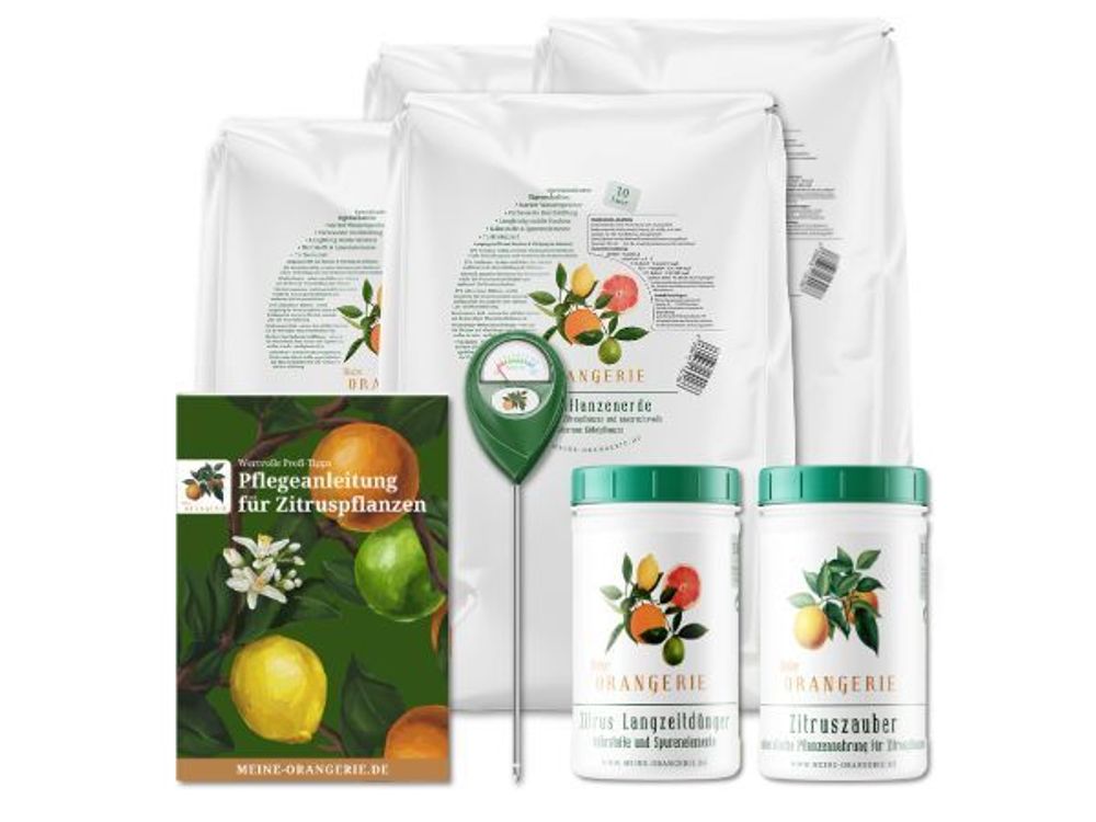Meine Orangerie Zitrus Pflegepaket Grande: Beste Zitruserde + starker Zitrusdünger + nützlicher Feuchtigkeitsmesser + ausführliche Pflegebroschüre