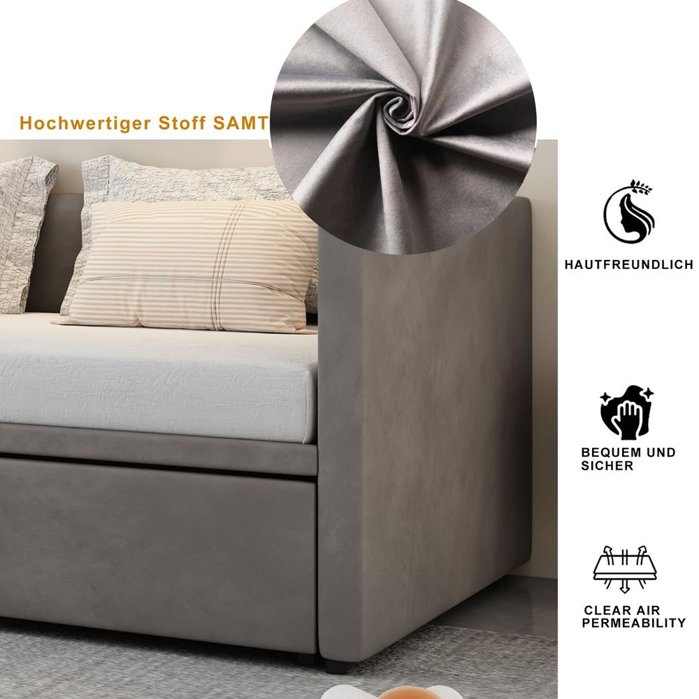 INONEFT Schlafsofa 90/180 x 200 cm, Tagesbett Ausziehbar Sofabett mit Lattenrosten, Polsterbett für Erwachsene, Samtstoff, ohne Matratze, Grau