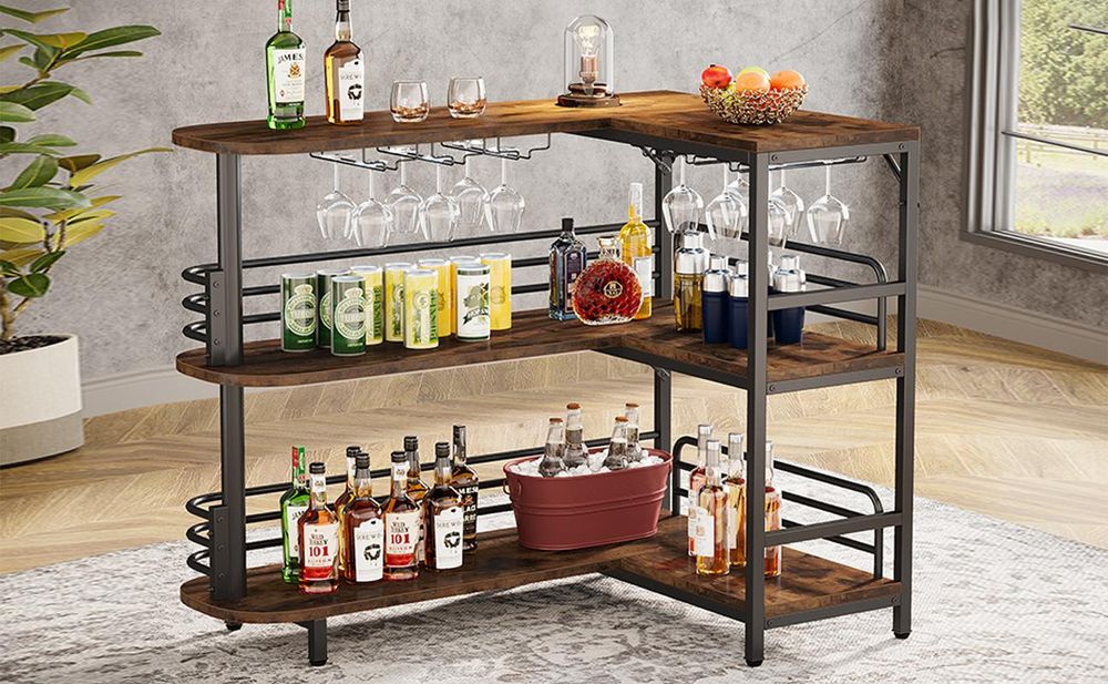 Tribesigns L-förmige Bartisch, 3 Tier Liquor Bistrotisch mit Regal Weinregal und Weingläser Halter, Industrielle Eck-Küchentisch, für Wohnzimmer,Küche