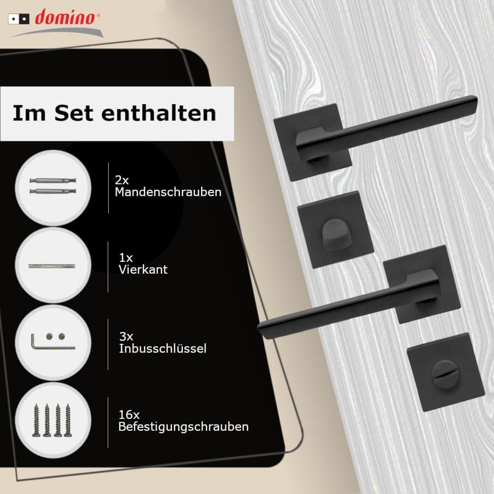 DOMINO Türgriff Drückergarnitur WC - Badezimmer Set | quadratische Rosette | für Badezimmertüren | Set WC - Rosetten-Garnitur | Türbeschläge aus Aluminium |Schwarz Türdrückergarnitur |ELENA QR SLIM BLACK