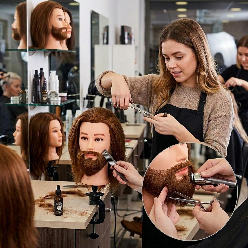 Friseurkopf Herren James Brown - 40cm Echthaar Trainingskopf mit Bart & Halterung
