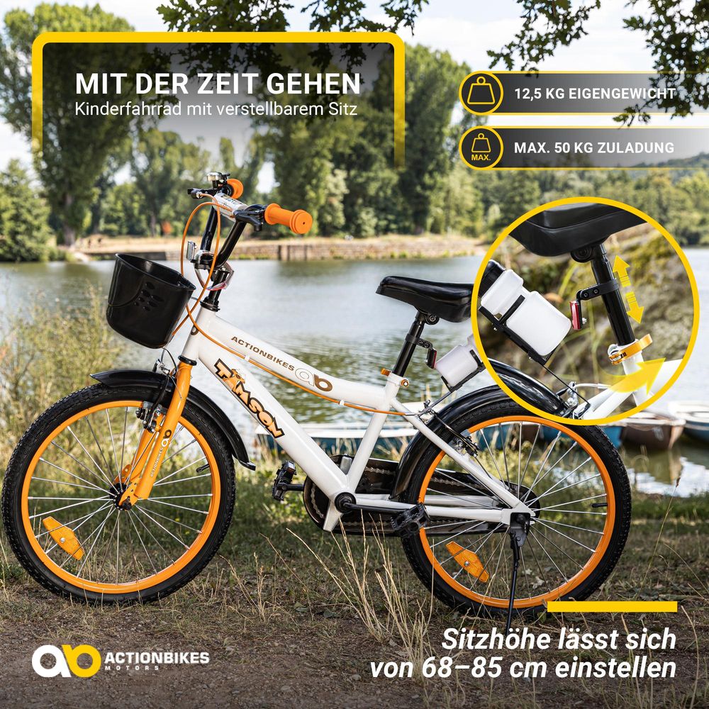 Actionbikes Kinderfahrrad Timson 20 Zoll | Kinder Fahrrad - V-Brake Bremsen - Kettenschutz - Fahrradständer - Fahrradkorb - 6-9 Jahre (Orange/Weiß)
