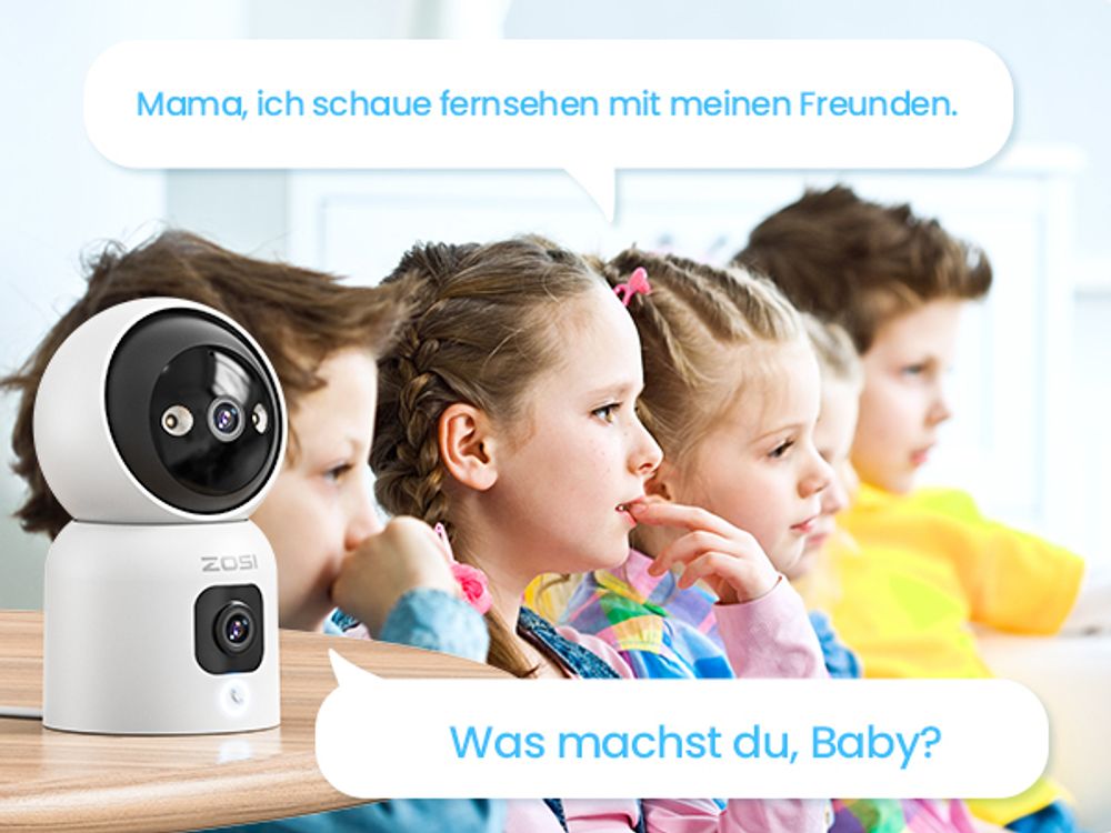 ZOSI Überwachungskamera Innen mit Dual-Linse 3MP+3MP, 2,4/5GHz WLAN, Personenerkennung und Verfolgung, Taste/OK-Geste-Anruf, Farbnachtsicht, C528D