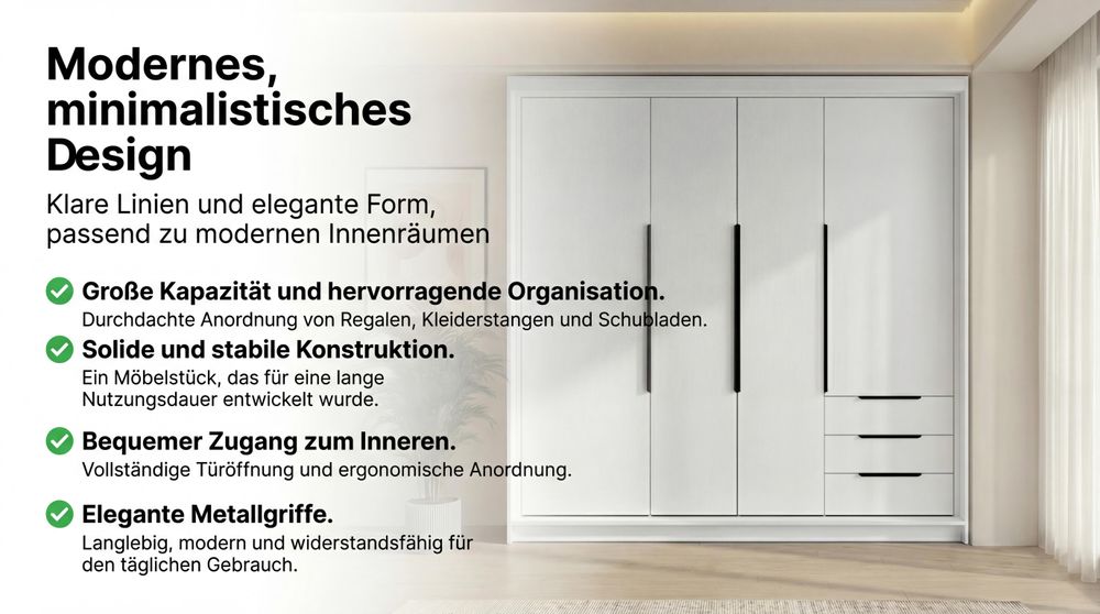 Geräumiger vier-türiger Kleiderschrank KLARI mit Schubladen und Metallgriffen – modernes Design