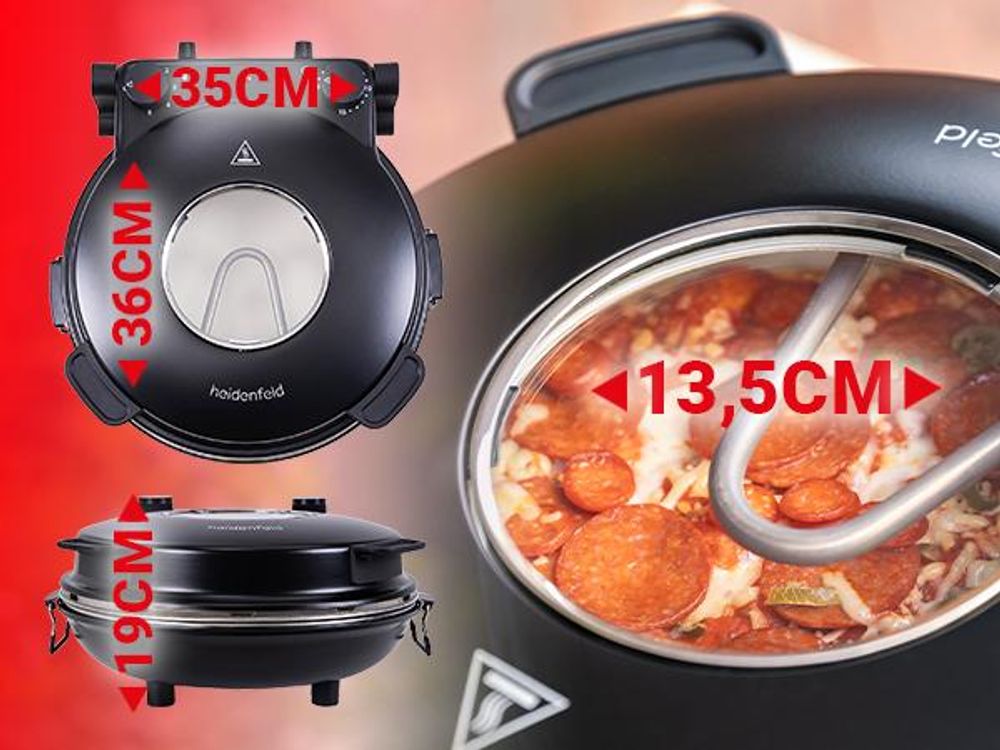 Heidenfeld Pizzaofen Napoli | Mobiler elektrischer Pizza Ofen - Bis 400°C - 1200 Watt - 135 mm großes Sichtfenster - Pizzastein - Timer