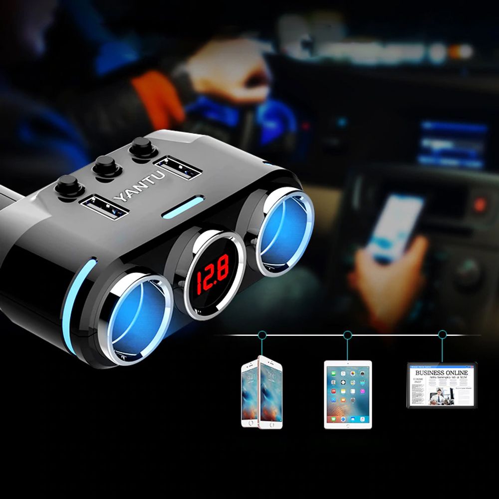 KFZ Zigarettenanzünder Verteiler 100W 12V/24V Zigaretten Anzünder Steckdose Auto Ladegerät Adapter mit 2 USB und 1 LCD Ports für Smartphone GPS Retoo