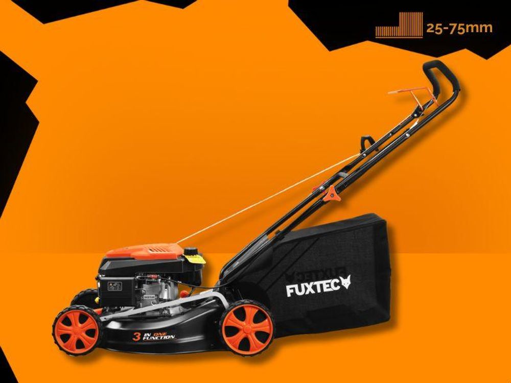 FUXTEC 3in1 Benzin Rasenmäher FX-RM4646ECO 3,5PS / 2,6kW | 46cm Schnittbreite & 7-stufige Schnitthöhenverstellung 25-75mm| 4-Takt Mäher - Inkl. 50L Grasfangkorb, Mulchfunktion & Reinigungsanschluss
