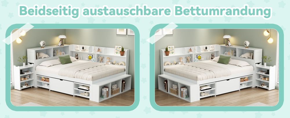 okwish Jugendbett Klassische Betten 90x200cm mit Schubladen, Bücherregal und Stauschrank, Plattformbett Holzbett Bettgestell mit Lattenrost,weiß