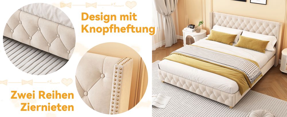 okwish Polsterbett Doppelbett 160×200cm mit Lattenrost und Kopfteil, Knopfpolsterung, Nietenpolsterung, Samt, Hellbeige,Ohne Matratze