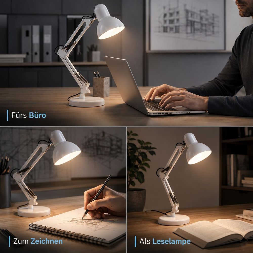 Robuste und einfach zu bedienende Schreibtischlampe, verstellbarer Arm, weiße Lampe.