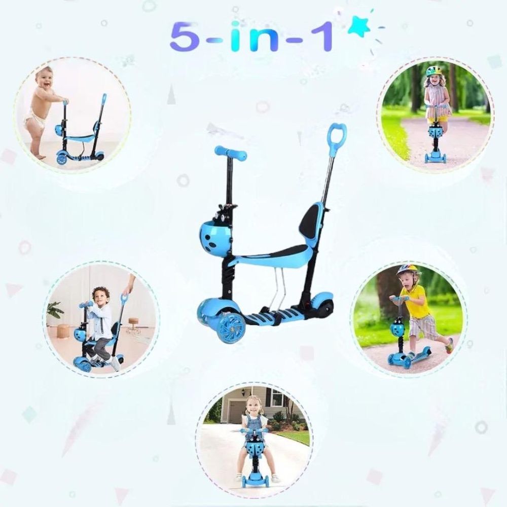 Asato Kinderscooter 5-in-1 mit LED-Rädern, Sitz und Schiebestange – Blau – Klappbarer Dreirad-Roller für Kinder – Balance-Scooter