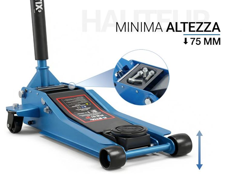 Sollevatore idraulico per autovetture PLN-01, capacità 3T, altezza di sollevamento 75–505mm, modello a doppio pistone