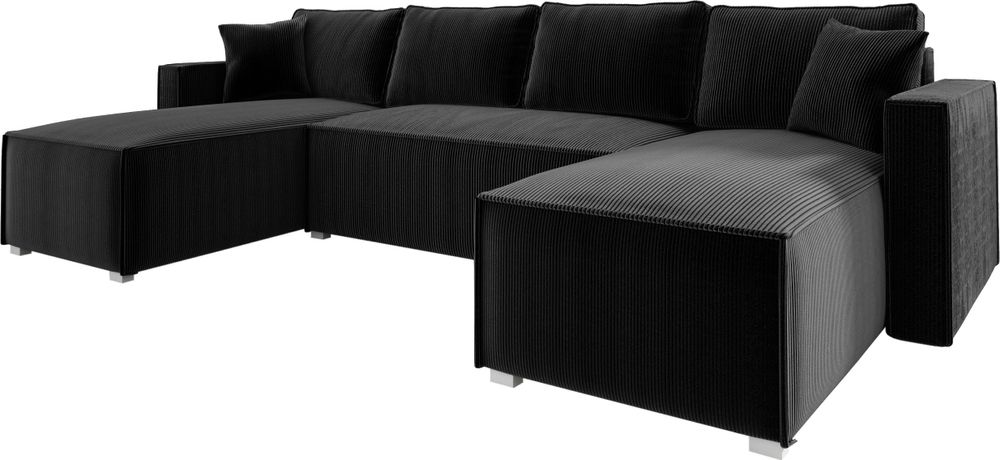 Wohnlandschaft U form Cord NOEMI 145x300 cm, Ecksofa U form Schwarz mit Schlaffunktion und Bettkasten, Sofa XXL, Couch U form, Polsterecke - PS 135