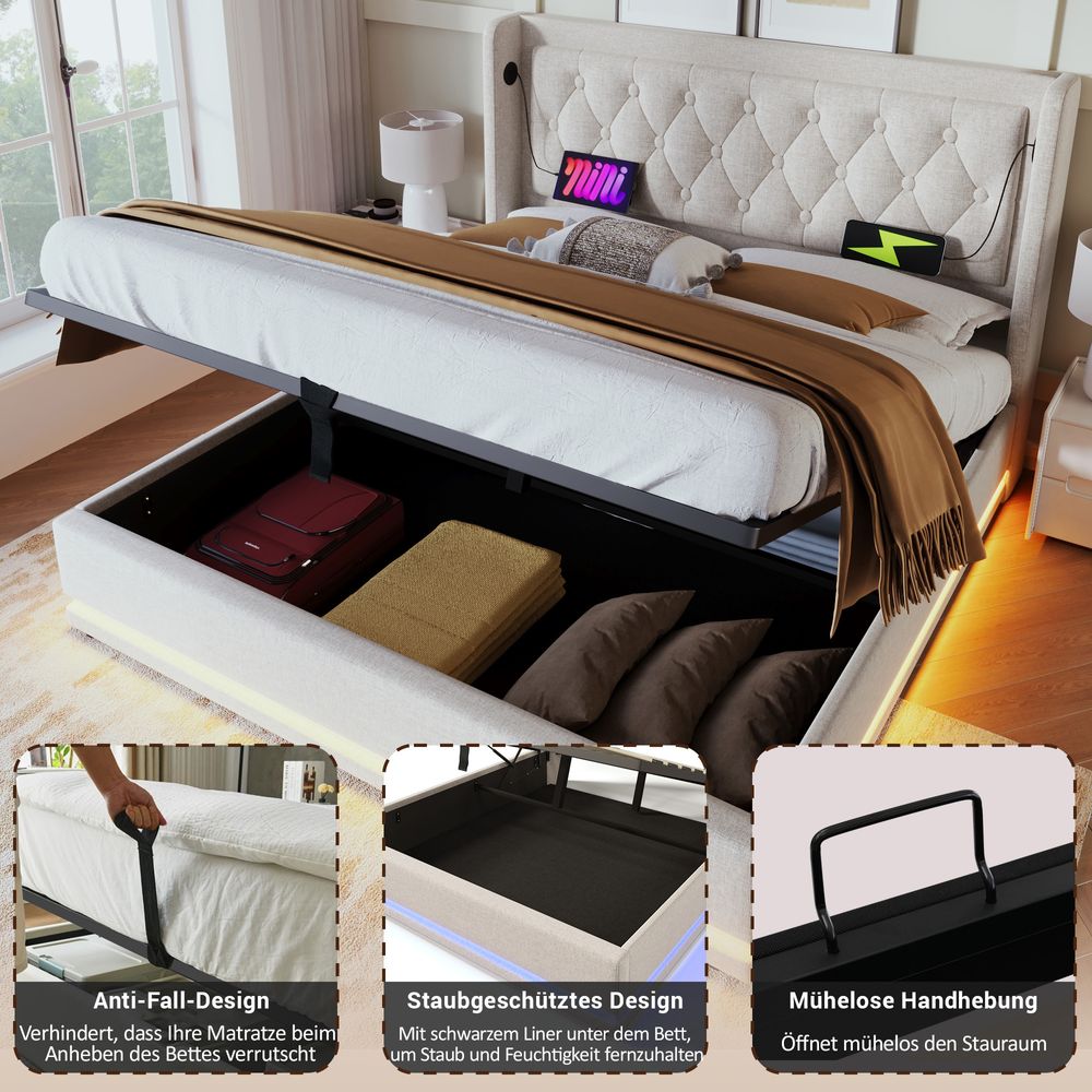 Flieks Polsterbett 160x200cm mit USB & Typ-C, Doppelbett Jugendbett mit LED, Hydraulisches Stauraumbett Boxspringbett mit Lattenrost, Baumwolle, Beige