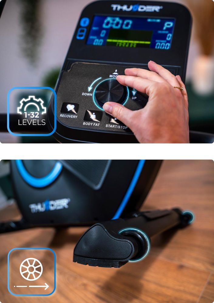 THUNDER TRIX Vélo d'Appartement Électromagnétique 32 Niveaux de Résistance jusqu'à 150 kg Bluetooth Fitness