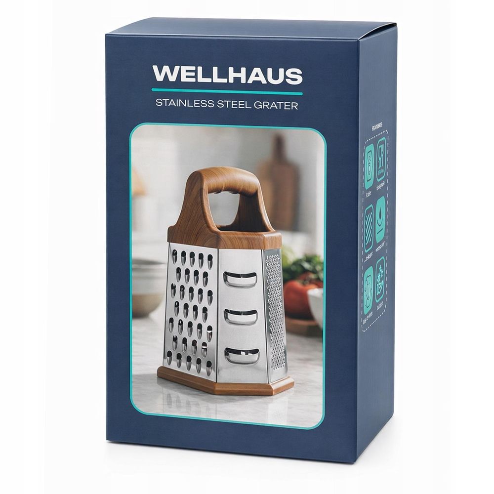 WELLHAUS Küchenreibe 6-seitig Edelstahl mit braunem Griff Universalreibe Gemüsereibe Käsereibe 22 x 10 cm