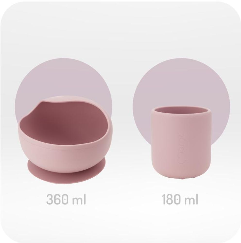 MoMi AMI – 6-teiliges Baby-Geschirrset aus Silikon, BPA- & , mit Buchenholz & Lätzchen, ab 6 Monaten – Rosa
