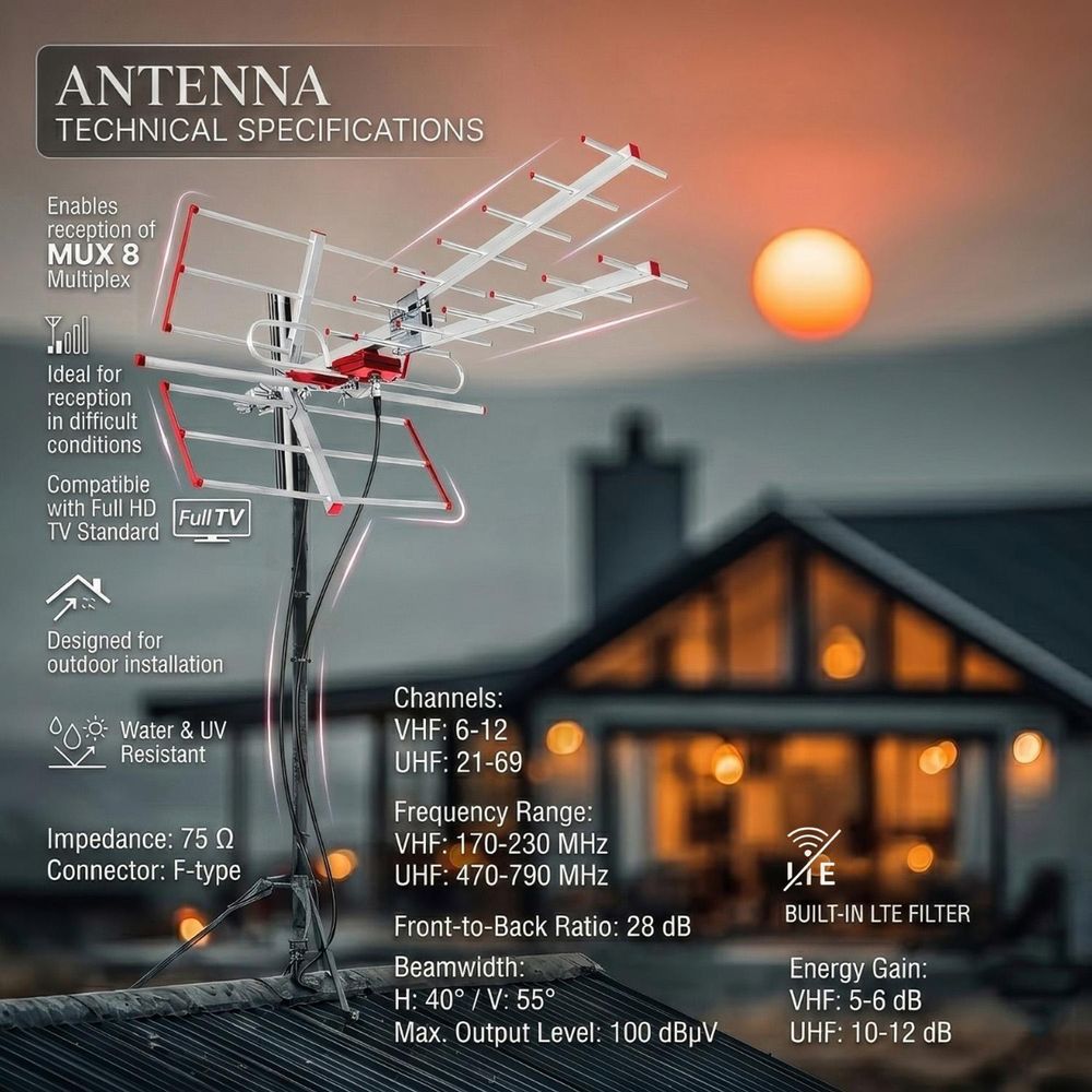 Aktive TV Außenantenne DVB-T2 mit LTE-Filter Full HD