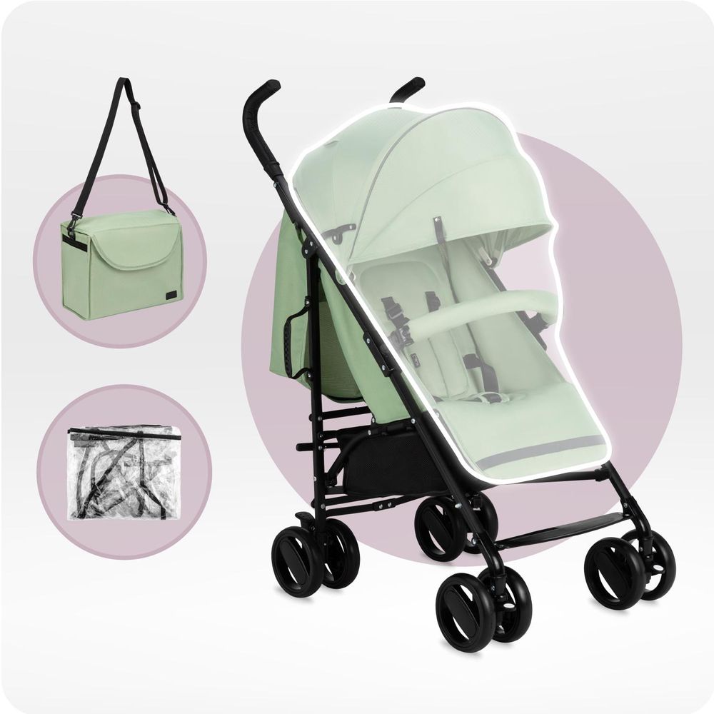 MoMi AKIRA – Ultraleichter Baby Kompaktbuggy 6,7 kg mit verstellbarer Rückenlehne & Drehbügel, inkl. Tasche & Moskitonetz, bis 15 kg – Grün