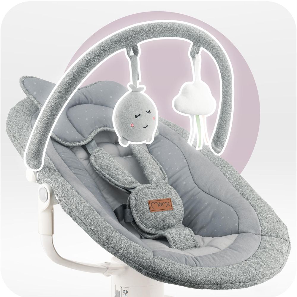 MoMi PEARL – Babywippe mit Bluetooth, 360° Sitzdrehung, 2 Modi, Nummern‑Panel – Grau