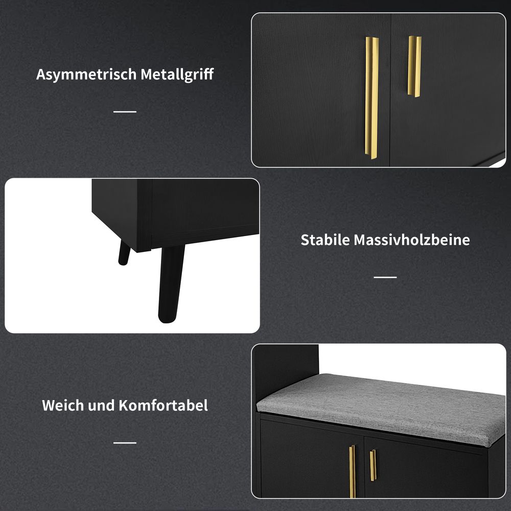 Flieks Schuhschrank mit Sitzbank, Schuhregal Schuhkommode mit Verstellbarem Ablage, Schuhbank Schuhtruhe mit Kissen, Leinen, Schwarz, 120x34x82.8cm