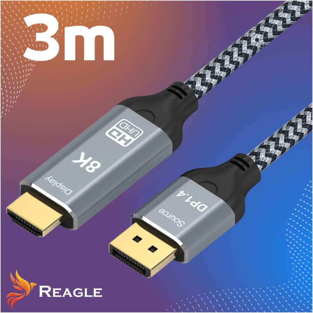 DisplayPort auf HDMI Kabel 3m 8K 60Hz 4K 144Hz HDR DP zu HDMI Adapter Datenkabel für Gaming PC Laptop Monitor Projektor Nylon Metallgehäuse Reagle