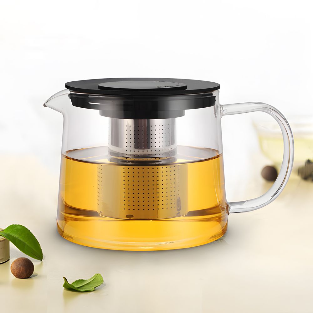 Glas Teekanne 1,50 l 1500 ml mit Edelstahlsieb Glaskanne Teebereiter Siebeinsatz Hitzebeständige Ergonomisch Tee Saft BPA-frei Schwarz Retoo