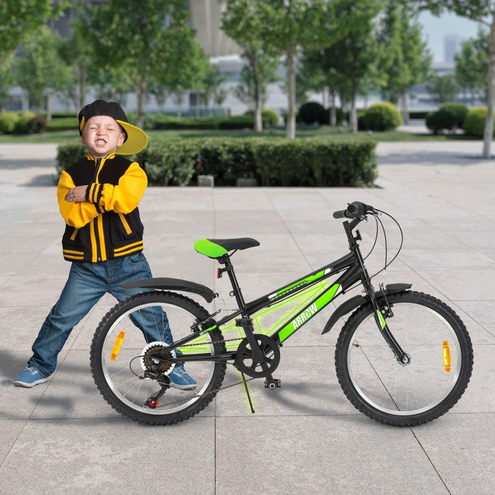 Actionbikes Kinderfahrrad Arrow 20 Zoll | Kinder Fahrrad - V-Brake Bremsen - Kettenschutz - Fahrradständer - Handschaltung - 6-9 Jahre (Schwarz/Grün)