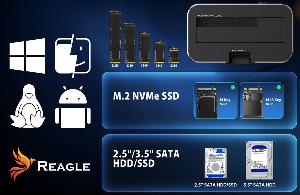 Reagle Dockingstation SSD HDD SATA 2,5 3,5 NVMe M.2 – USB Adapter Klonen – Dual Slot Festplattenstation kompatibel PC Laptop