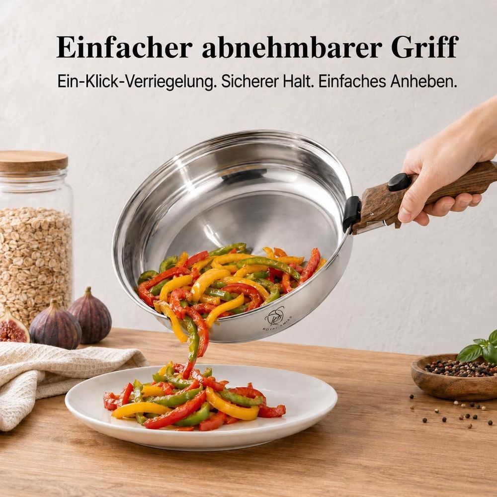 Royal Swiss Edelstahl Pfanne mit abnehmbarem Griff und Ein-Klick-Verriegelung