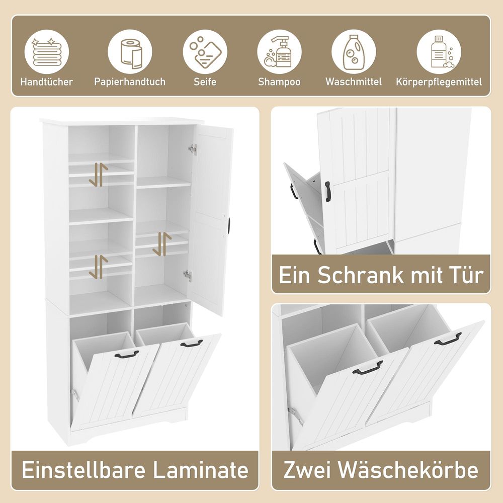 Merax Badezimmerschrank, Hochschrank mit doppeltem Wäschekorb, 4 offene Fächer, Badschrank mit Verstellbar, 78x35x172 cm, Weiß