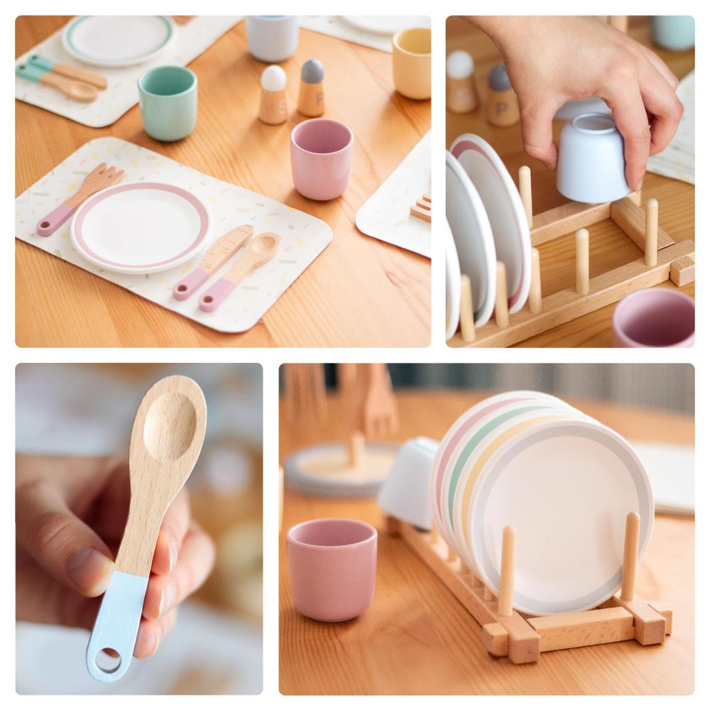 28-teiliges UMU Geschirr-Set aus Holz mit Tellern, Tassen, Besteck und Tischsets für vier Gäste