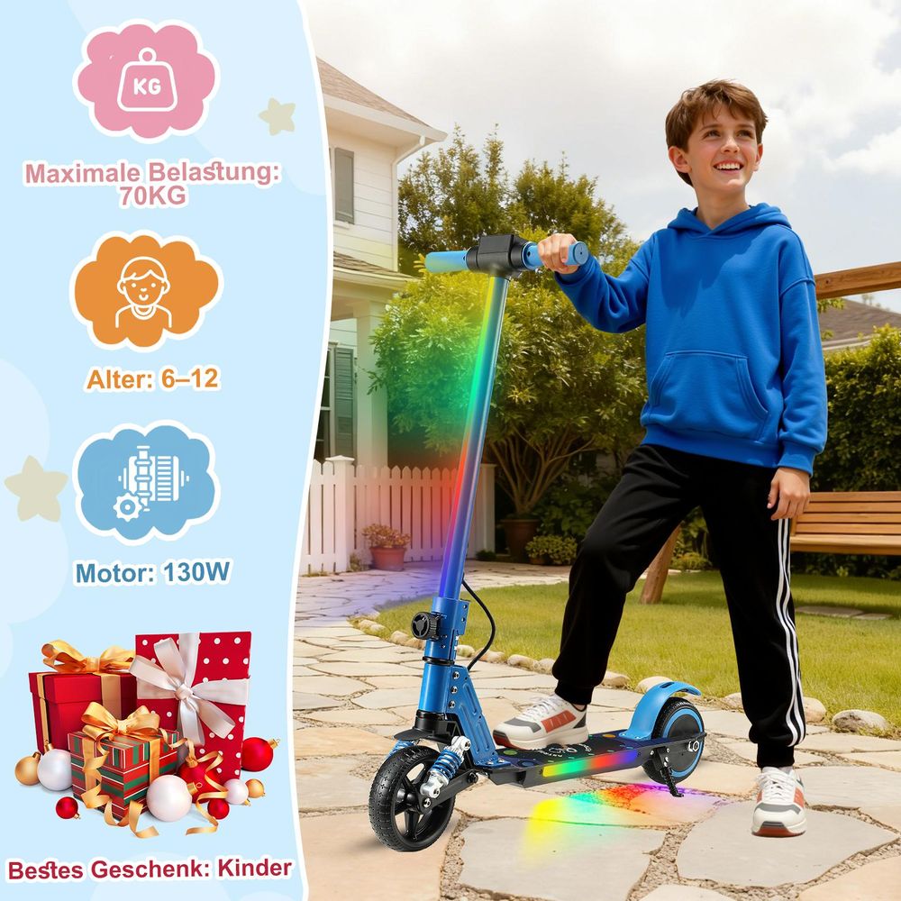 Elektroscooter Kinder Klappbar E-Scooter 14Km/h Mit LCD-Anzeige Stoßdämpfende Funktion LED-Beleuchtung Elektroroller Blau Kinderroller Für Kinder 6-12