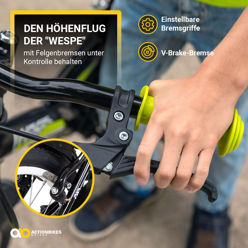 Actionbikes Kinderfahrrad Wasp 20 Zoll | Kinder Fahrrad - V-Brake Bremsen - Kettenschutz - Fahrradständer - 6-9 Jahre (Schwarz/Grün)