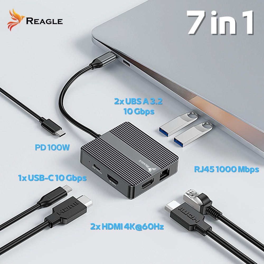 USB C Hub 7in1 Adapter 2x HDMI 4K 60Hz 100W PD Schnellladen 10Gbps USB 3.2 Gen2 Gigabit LAN Netzwerk für MacBook Air Pro Laptop Windows Reagle