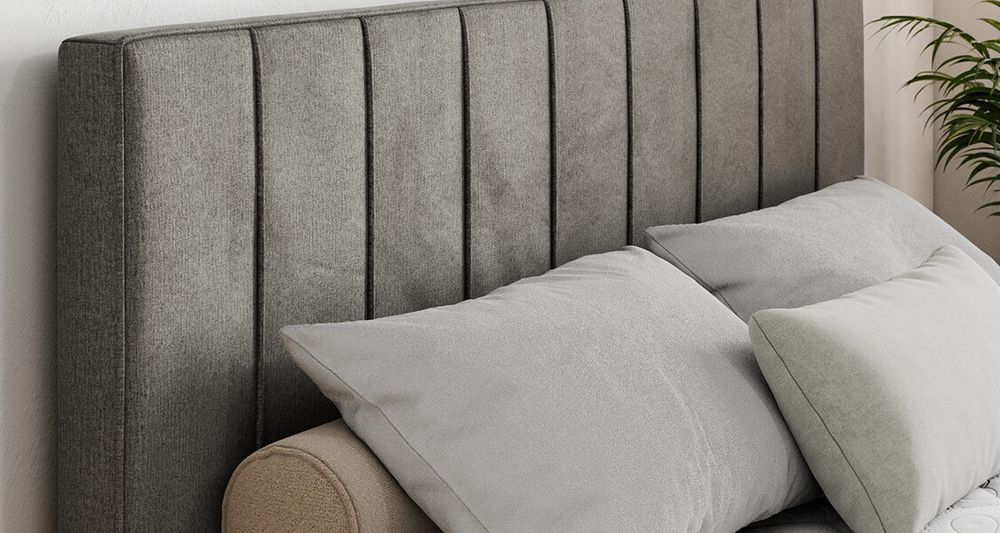 Vergrößern Sie das Kopfteil des Boxspringbettes, das Foto zeigt grau Stoff