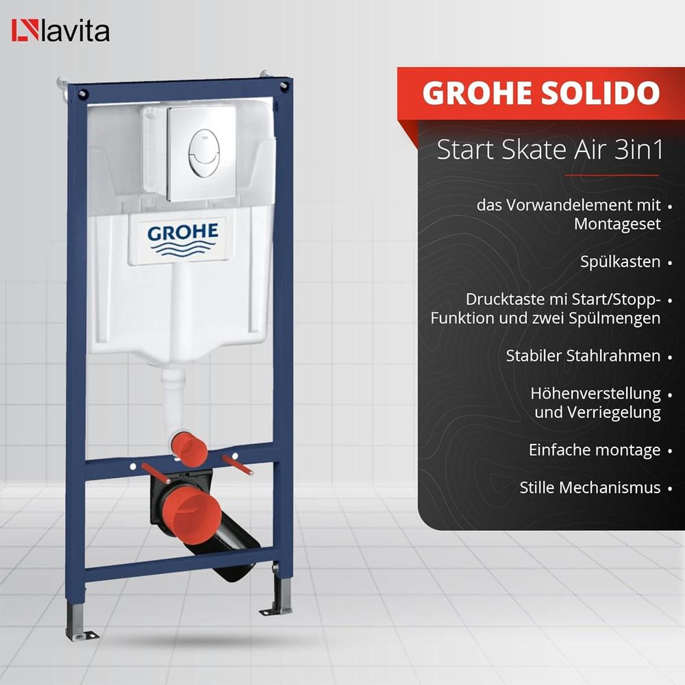 GROHE Vorwandelement Solido + Wand Hänge WC Loso Weiß Spülrandlos + WC-Sitz SoftClose | Schwarzer Knopf | Komplettset | Unterputz Spülkasten | Toilette Komplett Sett