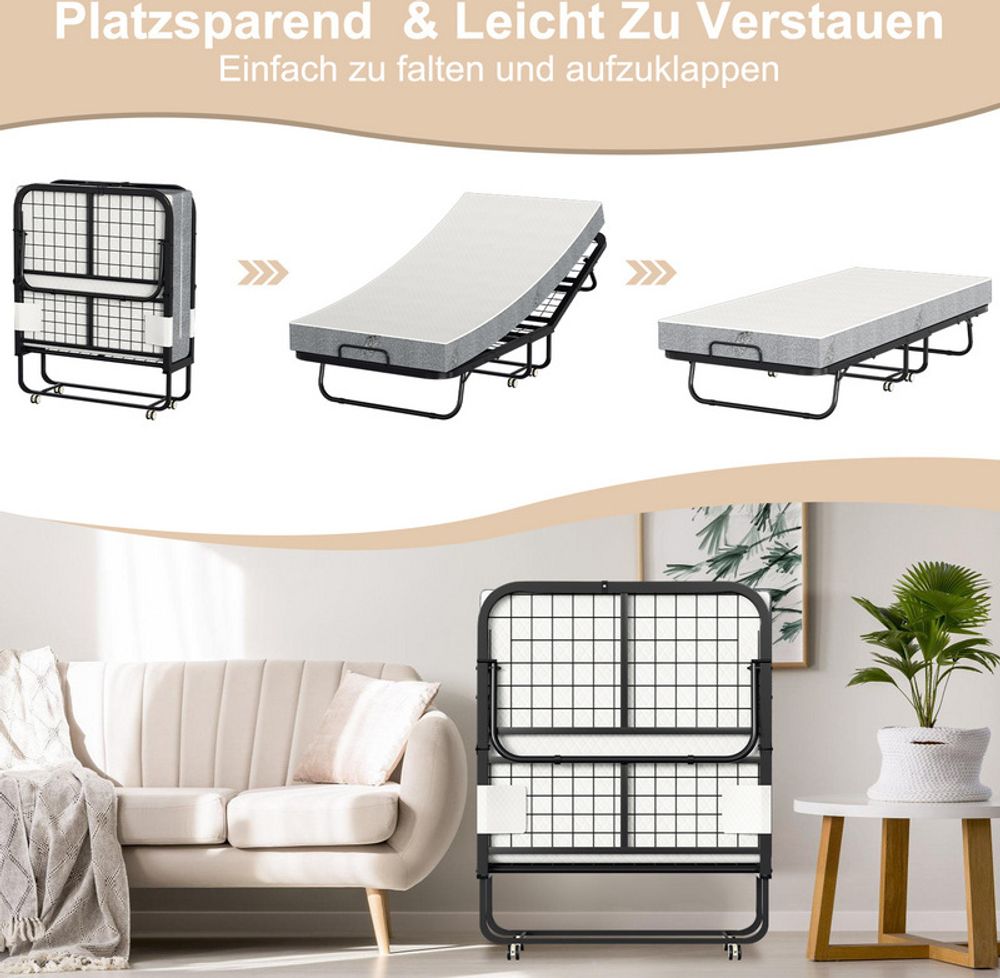 Jayseuw 90x200cm Gästebett klappbar mit Matratze bis 150kg, auf Rädern