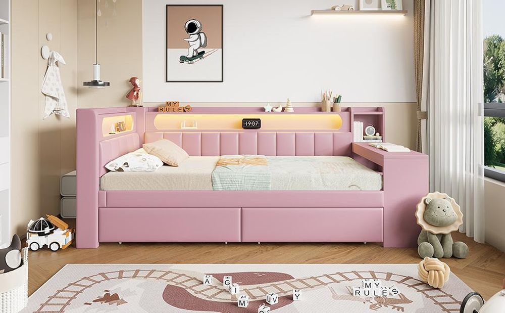 Merax Tagesbett 90x200 mit 2 Schublade, USB-Anschluss, LED, Schreibtisch, Stauraum, Schlafsofa Kinderbett mit Leinenkissen, Rosa