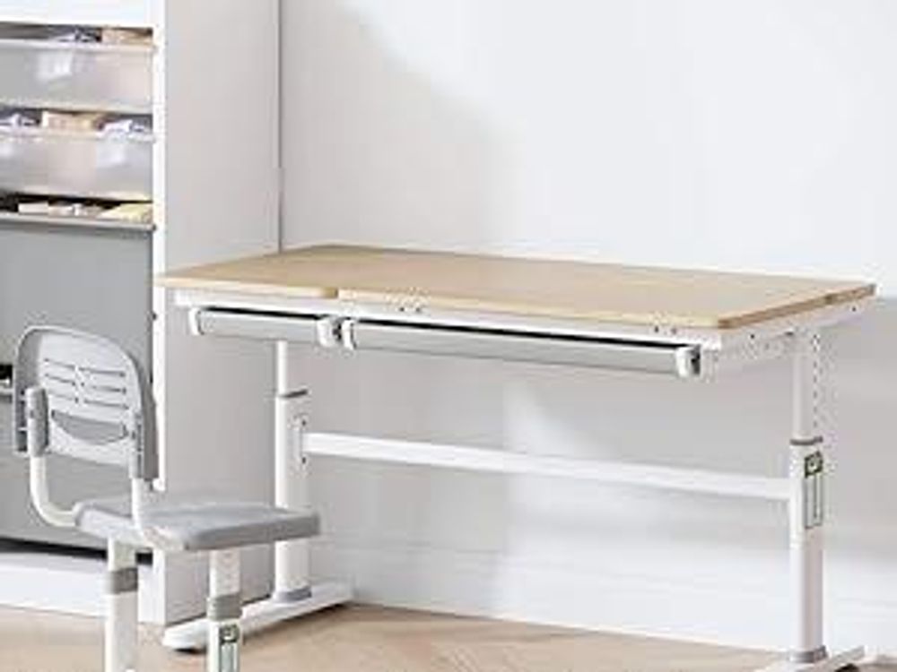 HOKO Kinderschreibtisch-Set höhenverstellbar mit Kinderstuhl, 120x60 cm Arbeitsfläche für Kinder ab 6 Jahren, Holzoptik-Rosa, CELIN & ANKE