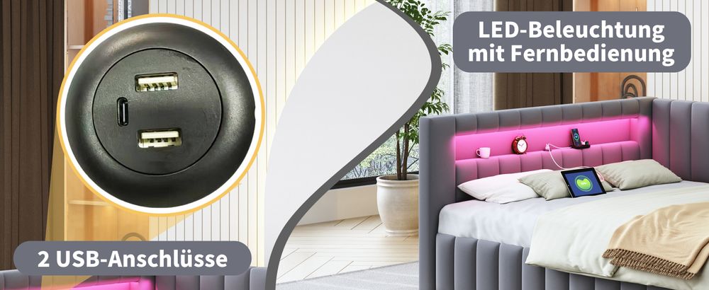 okwish Daybett Polsterbett 140x200, Schlafsofa mit LED-Licht und USB-Ladeanschluss, mit Rückenlehne und Kopfteil,Samtstoff,Dunkelgrau-Ohne Matratze