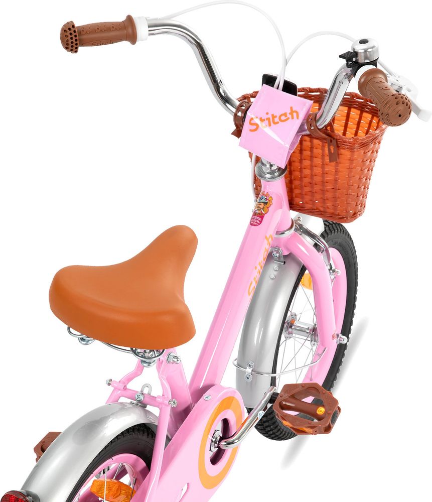 HILAND Stitch 16 Zoll Kinderfahrrad für Mädchen 5 6 7 8 9 Jahre alt mit Vorderkorb, Stützrädern, Schutzblech, Klingel, Beige