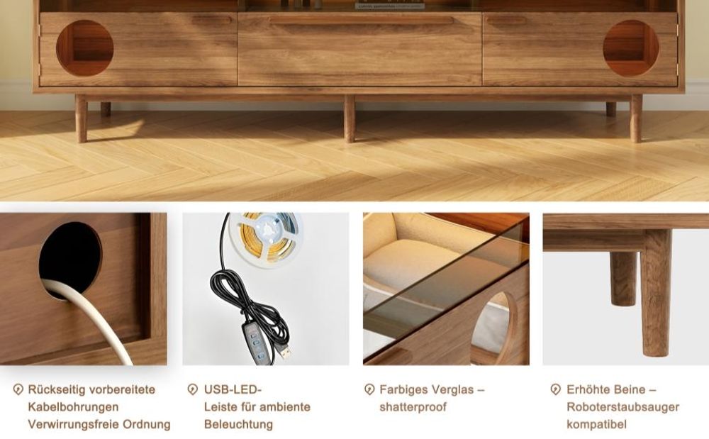 Merax TV-Schrank mit Katzenhöhle, LED-Beleuchtung, TV Lowboard Katzenschrank mit 2 Türen, Schubladen, TV-Schränke, Katzenhaus, 180x40x50 cm, Nussbaum