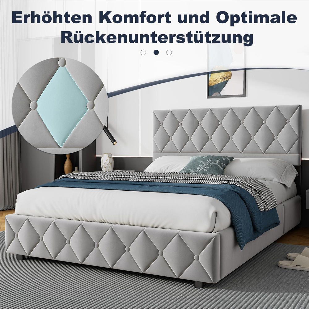 STILVORA Polsterbett 140×200 mit bettkasten,Stauraumbett Boxspringbett mit USB-Anschluss und LED-Licht,Funktionsbett ohne matratze,mit Stauraum,grau