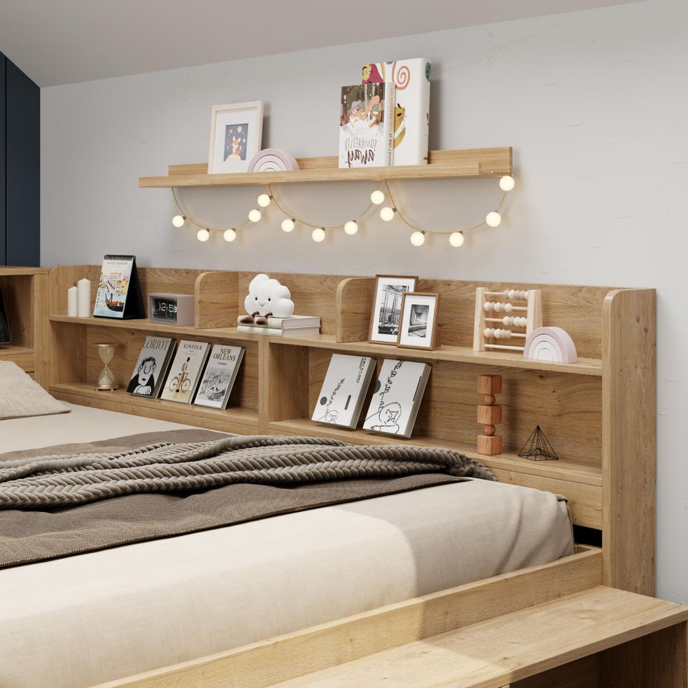 Flieks Jugendbett 140x200cm mit Ladefunktion, Kinderbett Tagesbett Doppelbettmit Schublade,  Ausziehbarem Nachttisch und Regal, Klassisches Bett