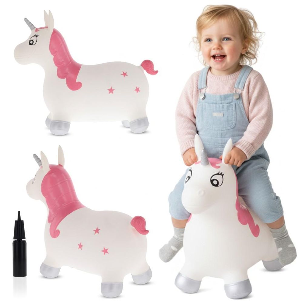 Niña montando el unicornio saltarín SUN BABY y vista del producto hinchable