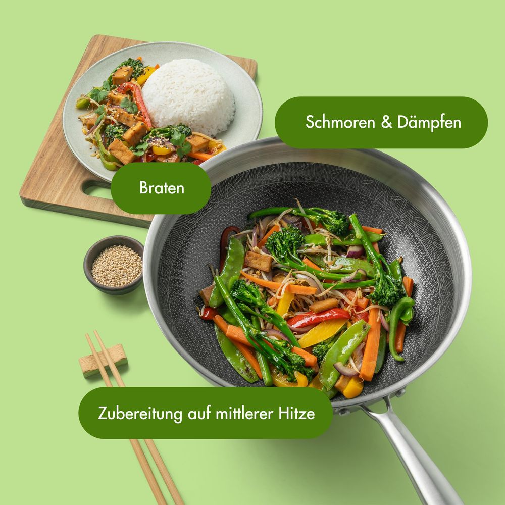 Reishunger Premium Edelstahl Wok – 28 cm Durchmesser – keramische Antihaft-Beschichtung – Frei von PFAS, PFOA und PTFE – Für alle Herdtypen geeignet